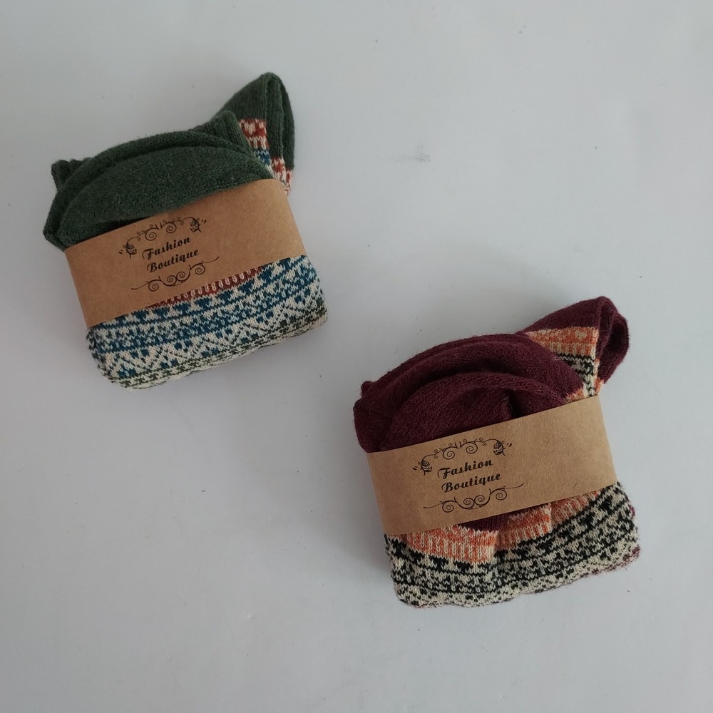 2pk‎ Wool Blend Fair Isle Crew Socks Green Burgundy Nordic Cabincore Cozy Hiking